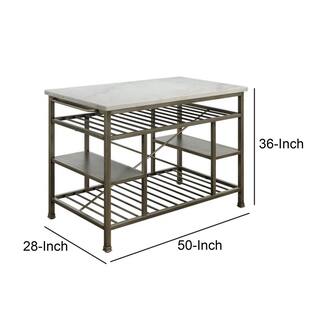 Benjara 36 in. H Gray and White Marble Top Metal Kitchen Island with 2-Slated Shelves BM214991