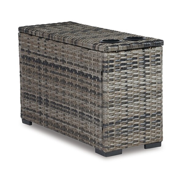 Mita 34 Inch Outdoor Console Side Table，2 Cupholders，Resin Wicker，Gray