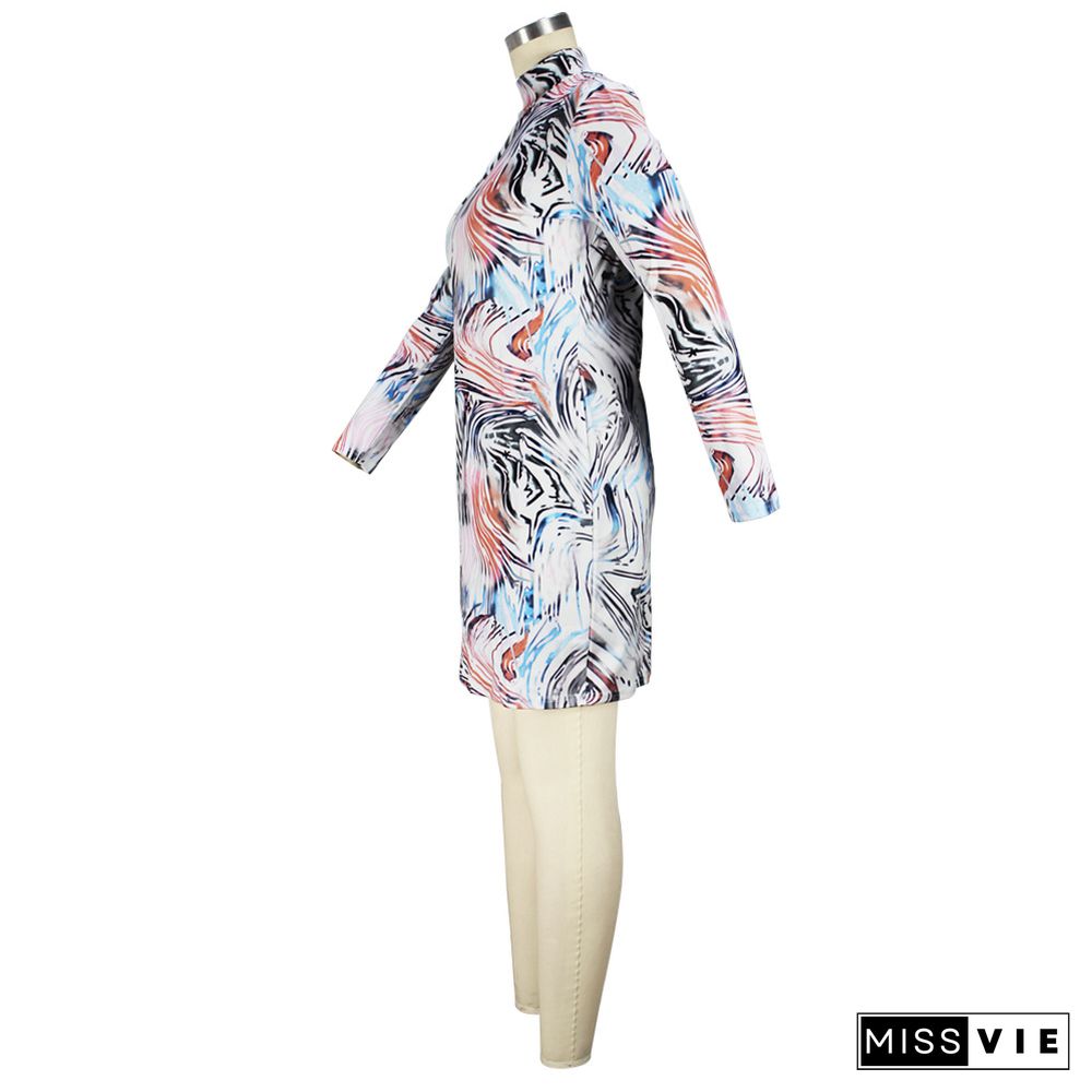 Abstract print Long Sleeve O Neck Pencil Dress