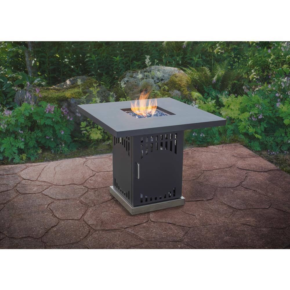 Pleasant Hearth Halifax 30 in. x 27 in. Square Steel Propane Gas Fire Pit Table in Black with Glass Fire Rocks OFG467T