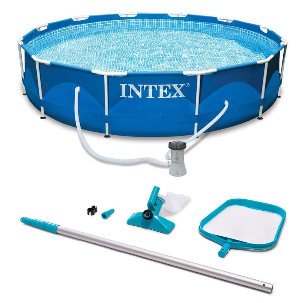 INTEX 10 ft. x 10 ft. Round 30 in. Deep Metal Frame Swimming Pool with Filter and Maintenance Kit 28201EH + 28002E