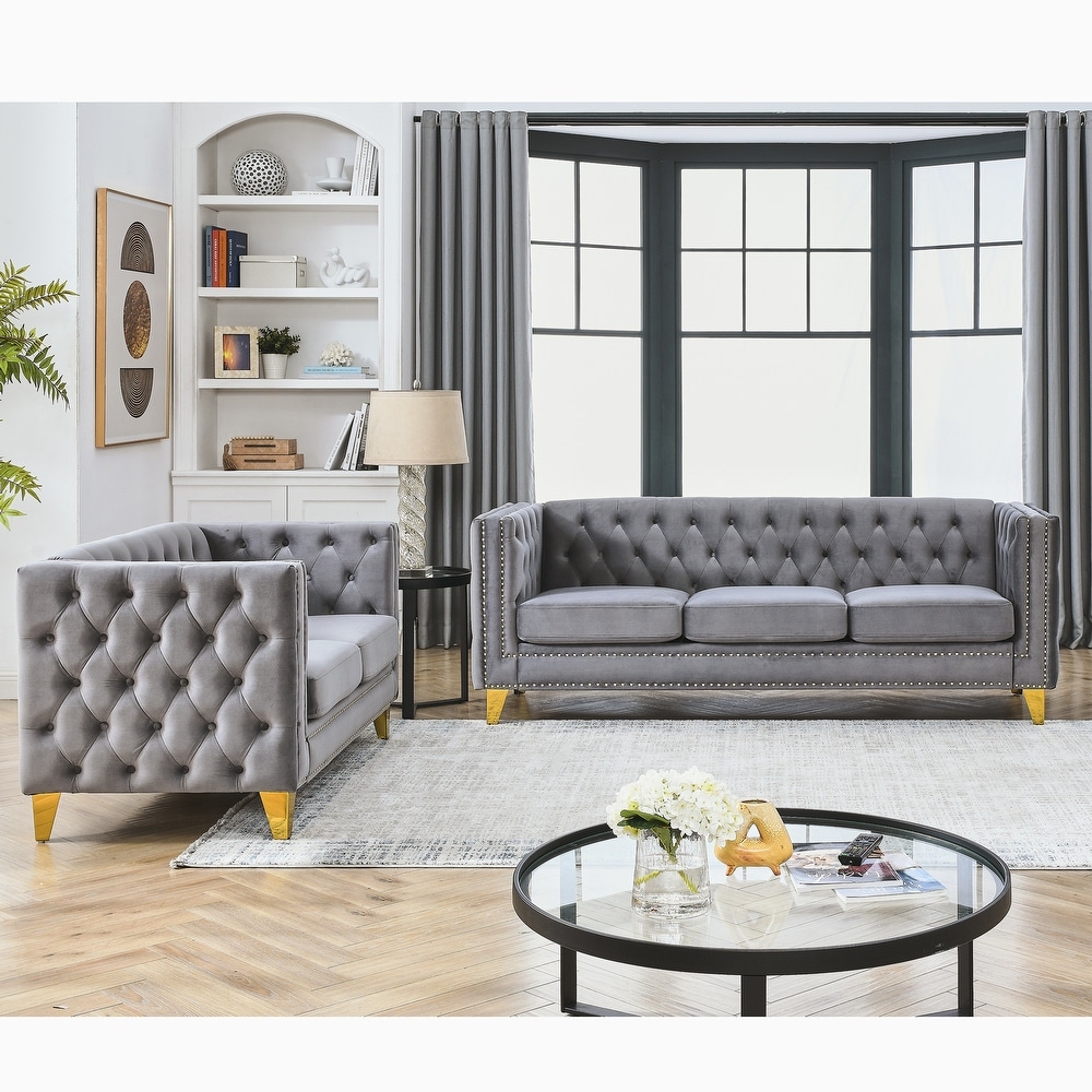 Velvet Sectional Sofa(2pcs) Modern Button Tufted Loveseat Sofa with Nailhead Square Arms  Living Room Deep Seat Couch  Gray