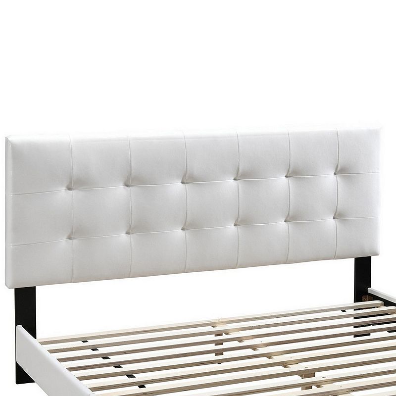 Queen Leatherette Bed with Checkered Tufted Headboard， White