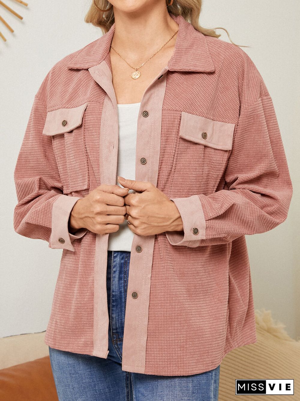 Contrast Color Pocket Button Lapel Long Sleeve Jacket