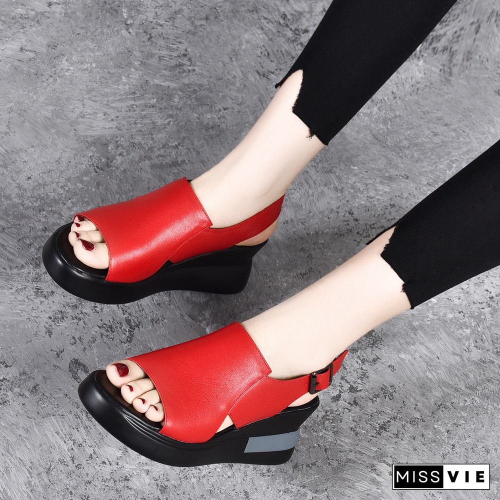 Summer Wedge Shoes For Women Sandals Solid Color Open Toe High Heels Casual Ladies Buckle Strap Fashion Female Sandalias Mujer