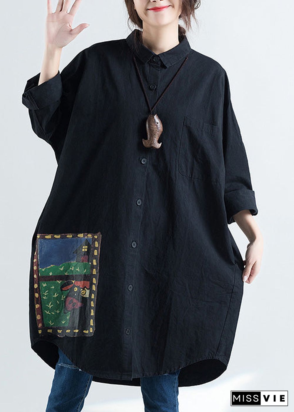 Elegant lapel print cotton tunic pattern Plus Size design black Knee shirts spring