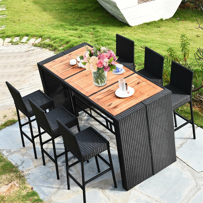 7 Pcs Rattan Patio Bar Set Dining Table Set with Acacia Wood Tabletop & Bar Stools, Soft Cushions