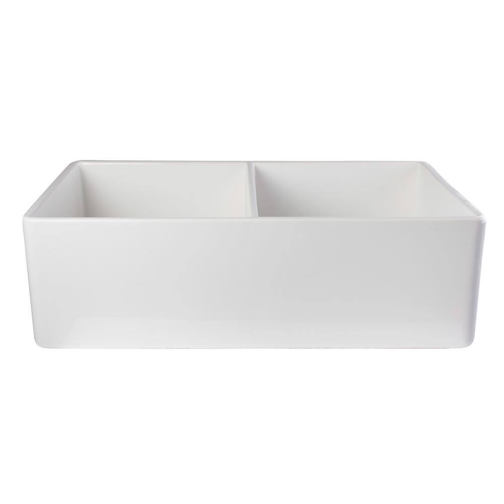 ALFI BRAND Smooth Farmhouse Apron Fireclay 33 in. 0-Hole 5050 Double Basin Kitchen Sink in White AB538-W