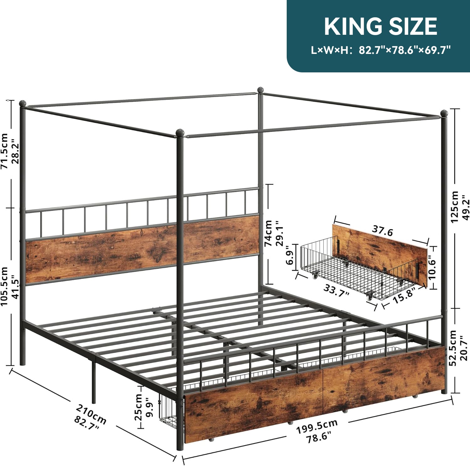 Canopy Bed Frame with Wooden Headboard and 2 Drawers, Industrial Style Bed Frame with 4 Removable Sturdy Posts, Vintage Brown