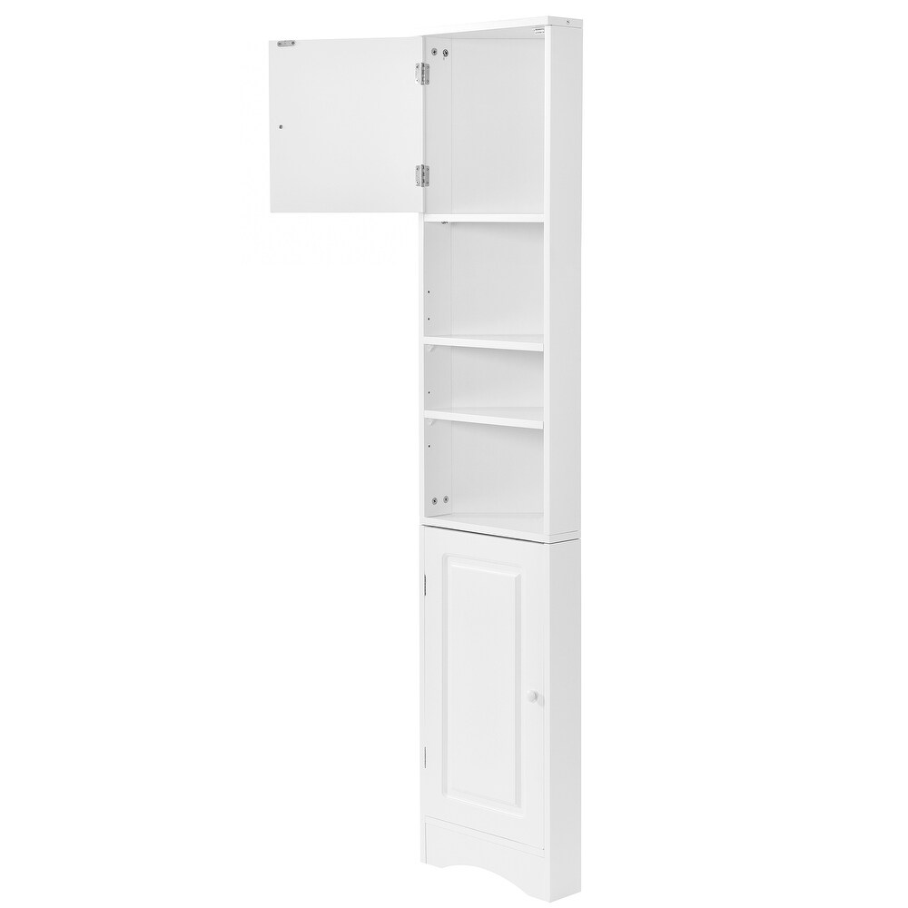 Multi Functional Corner Cabinet Tall Bathroom Storage Cabinet with 2 Doors and Adjustable Shelves  Open Display Organizer  White