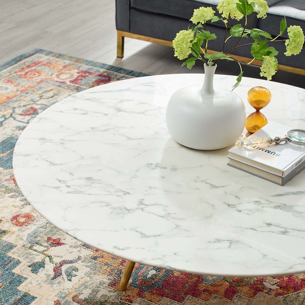 Lippa 47 quotRound Artificial Marble Coffee Table With Tripod Base  Gold White   Midcentury   Coffee Tables   by Homesquare  Houzz