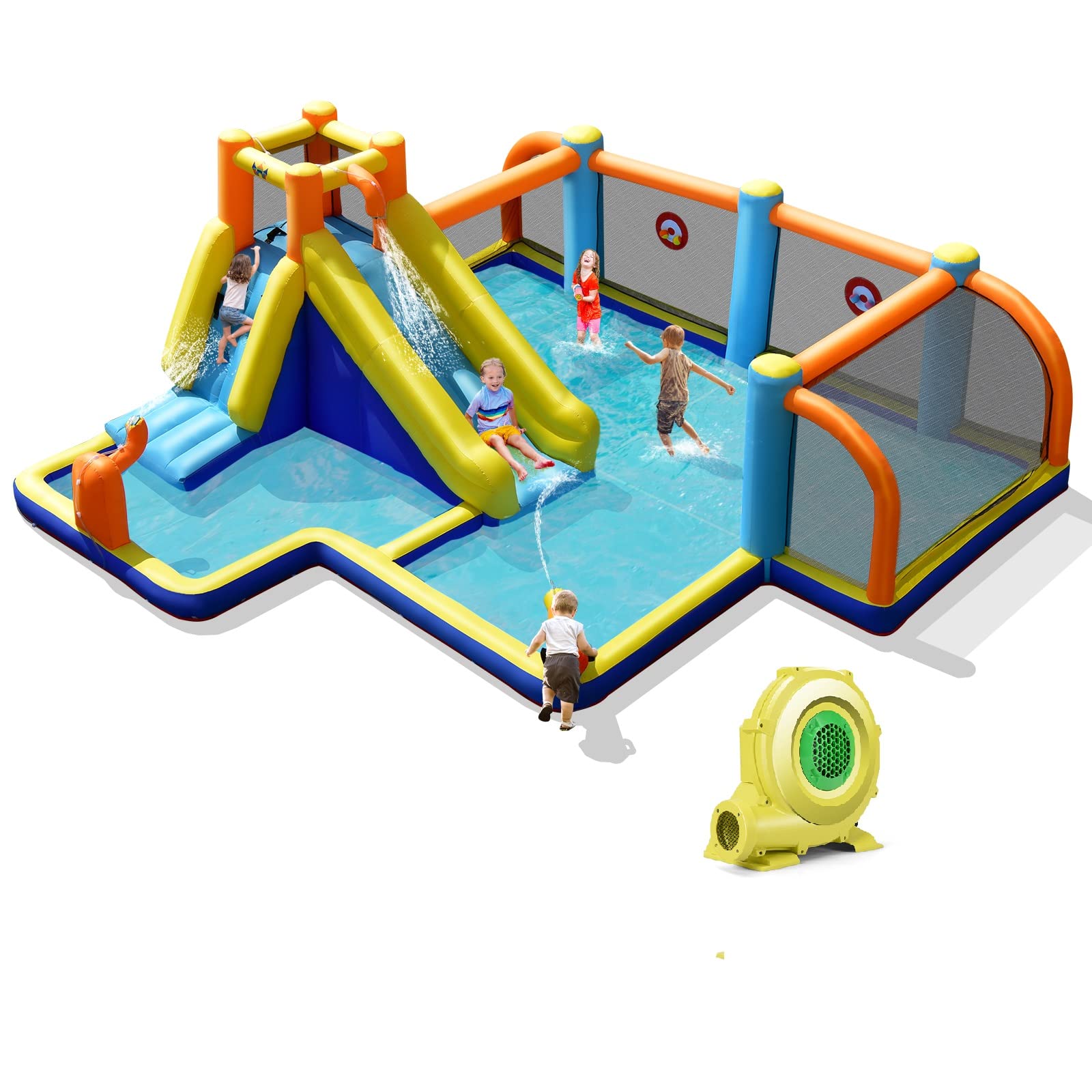 Costzon Inflatable Water Slide, 7-in-1 Long Slide Giant Water Park Wet Dry Combo