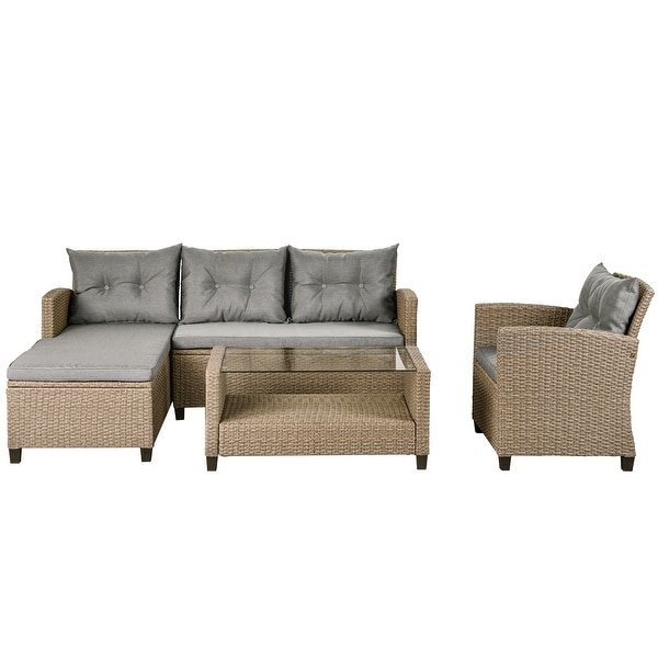 Living room，Outdoor，Patio Furniture Sets，4 Piece Conversation Set Wicker Ratten Sectional Sofa with Seat Cushions