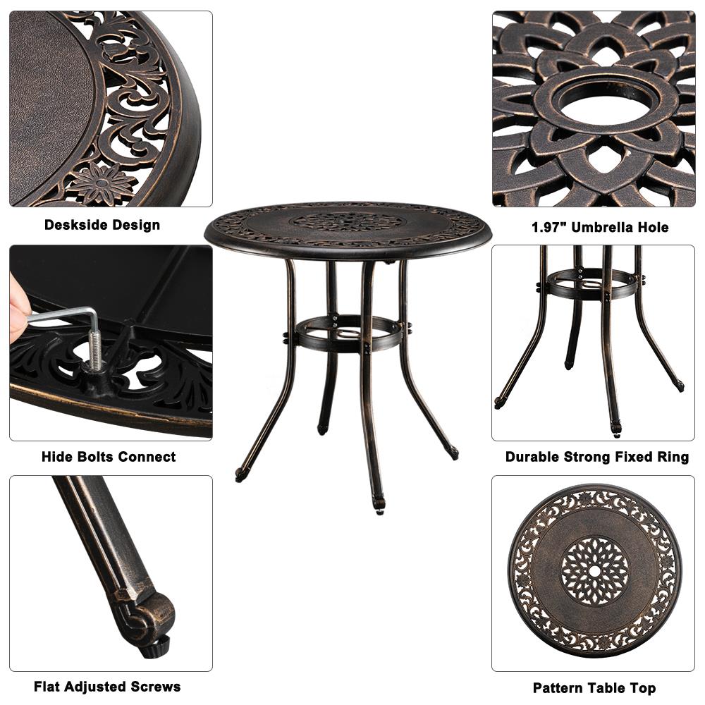 UBesGoo 32" Outdoor Aluminum Bistro Round Table with Umbrella Hole, Bronze