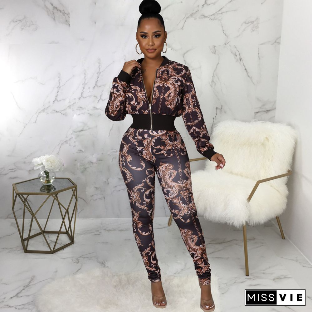 Printed Long Sleeve Zipper Jacket And Pant Suits