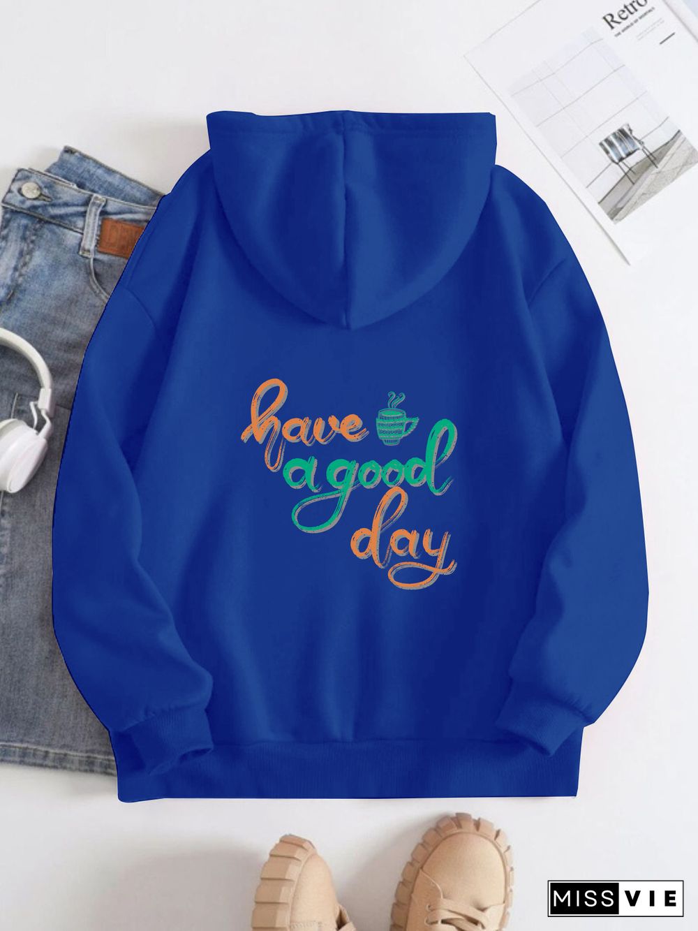 Printed on the Back Kangaroo Pocket Hoodie Long Sleeve for Women Pattern Have a Good Day