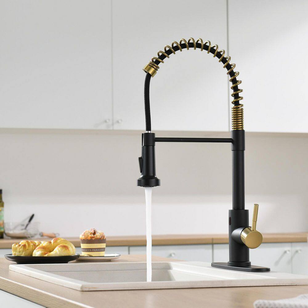 Boyel Living Single Handle Touchless Pull Down Sprayer Kitchen Faucet with Deckplate Included in Black  Brushed Gold BL-IS1306-33BG