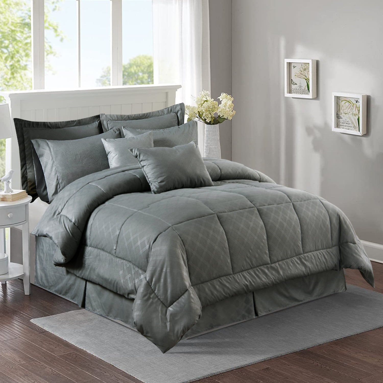 JML 10 Piece Bed in a Bag Quilted Diamond Comforter Set with Sheets， Queen， Grey