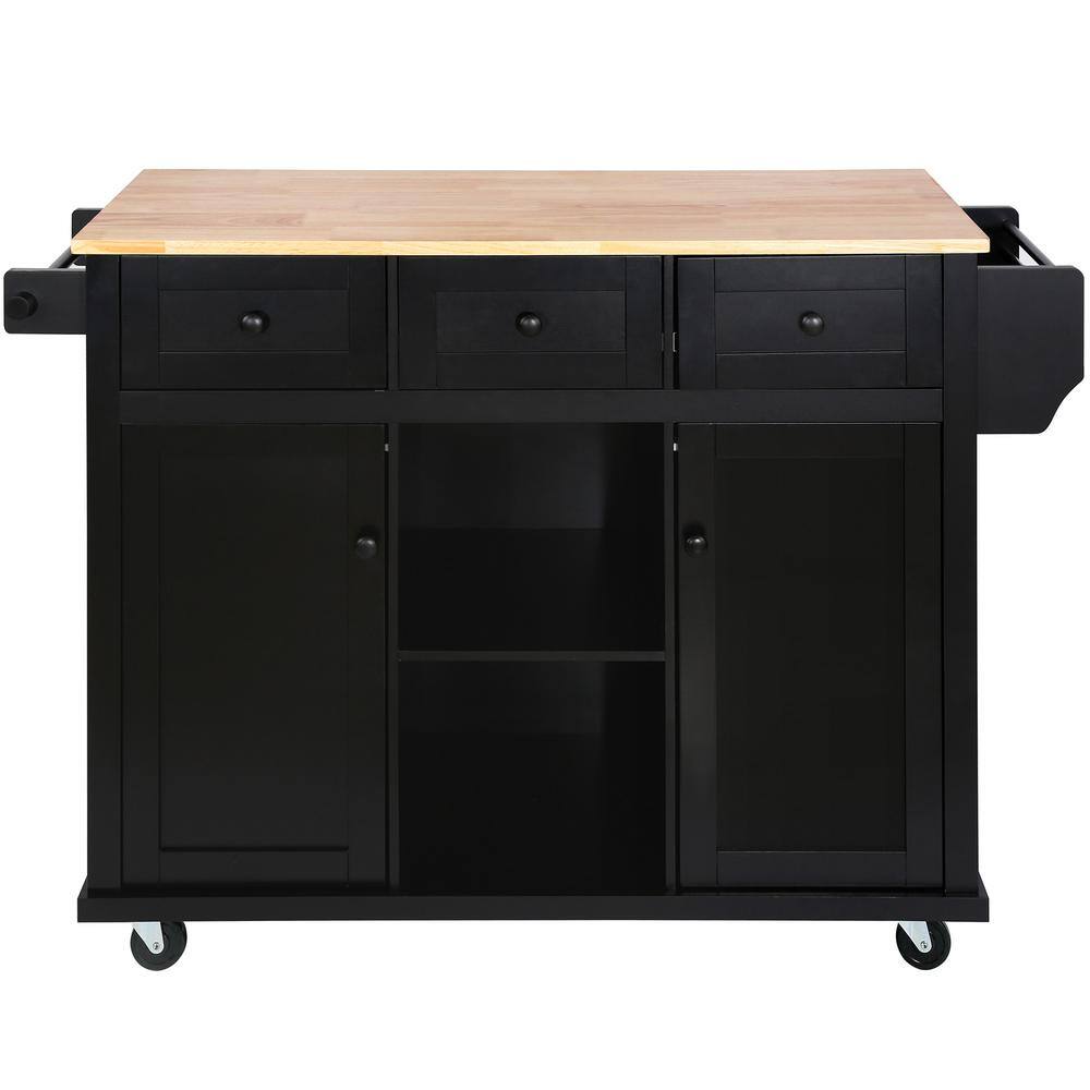 Black Wood 53.1 in. Kitchen Island on 5-Wheels with Storage Cabinet and 3-Drawers for Dinning Room LH-703