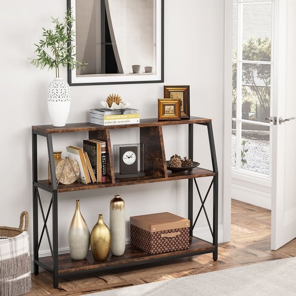 Console Table， 43 Inch Small White Entryway table with Storage Shelves