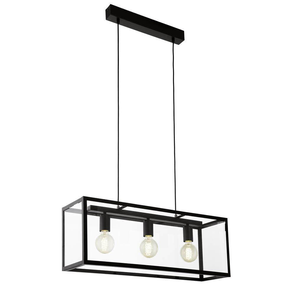 Eglo 49393 Charterhouse Black & Clear Glass 3 Lamp Rectangular Pendant Light