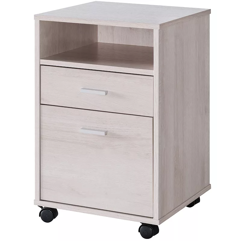 FC Design White Oak 4 Wheel File Cabinet with 2 Drawers and Open Shelf with Storage and Display Space