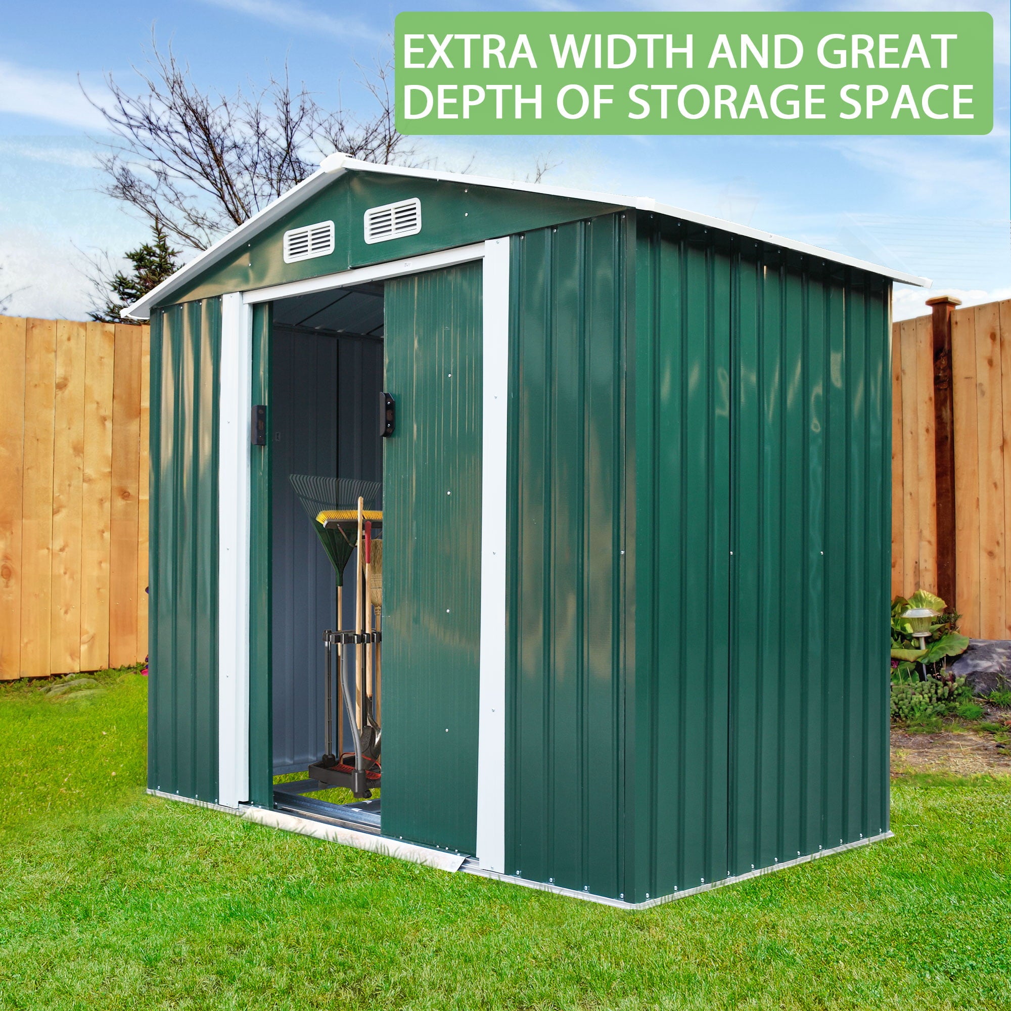 Jaxpety 7' x 4' Large Outdoor Steel Storage Shed with 4 Vents,Double Sliding Door, Stable Base, Green