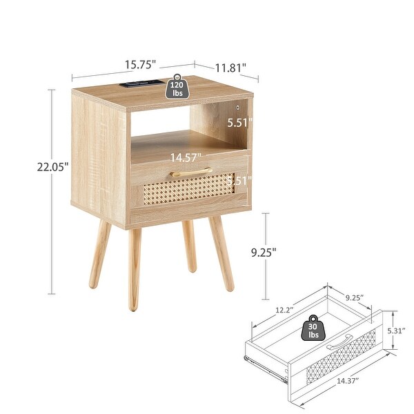 Nightstand Rattan End Table With Outlet USB Ports And drawer - - 37454457