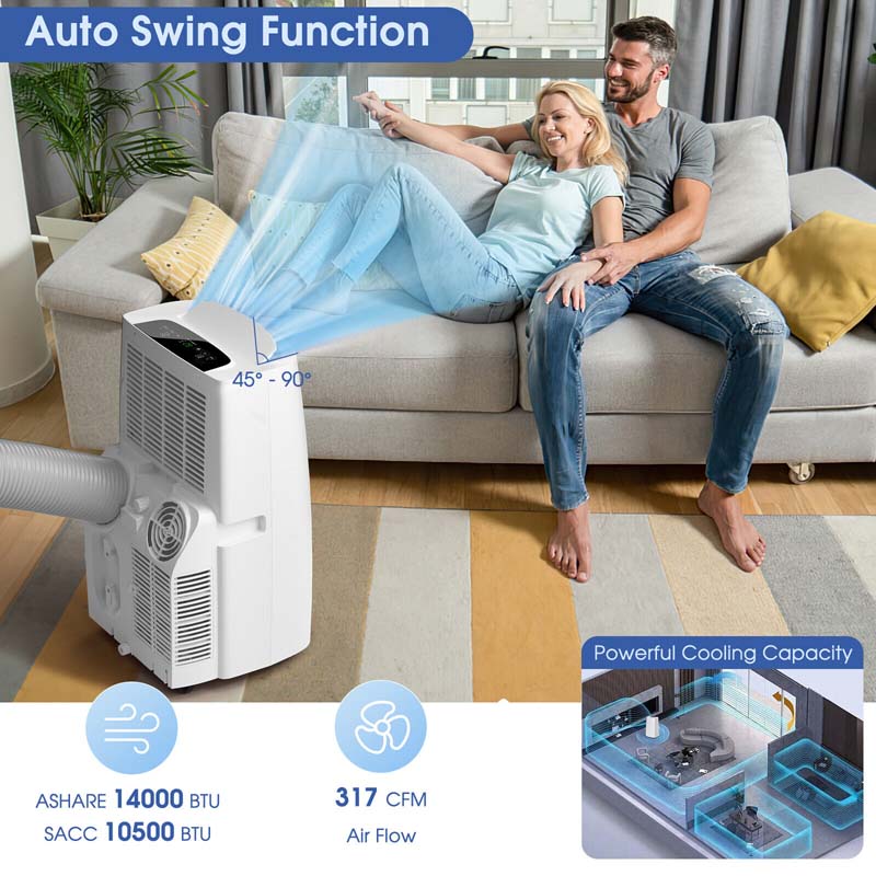 14000 BTU 4-in-1 Portable Air Conditioner with Heater, Cool Fan, Dehumidifier, Remote Control, 24H Timer