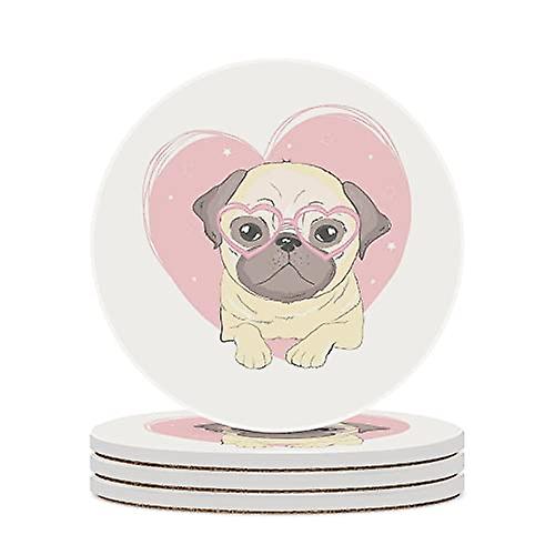 Round Drink Coasters 6 Pcs Pug Dog Inside A Heart Absorbent Ceramic Coaster With Cork Base For Coffee Cups Housewarming Gift For Home Decor