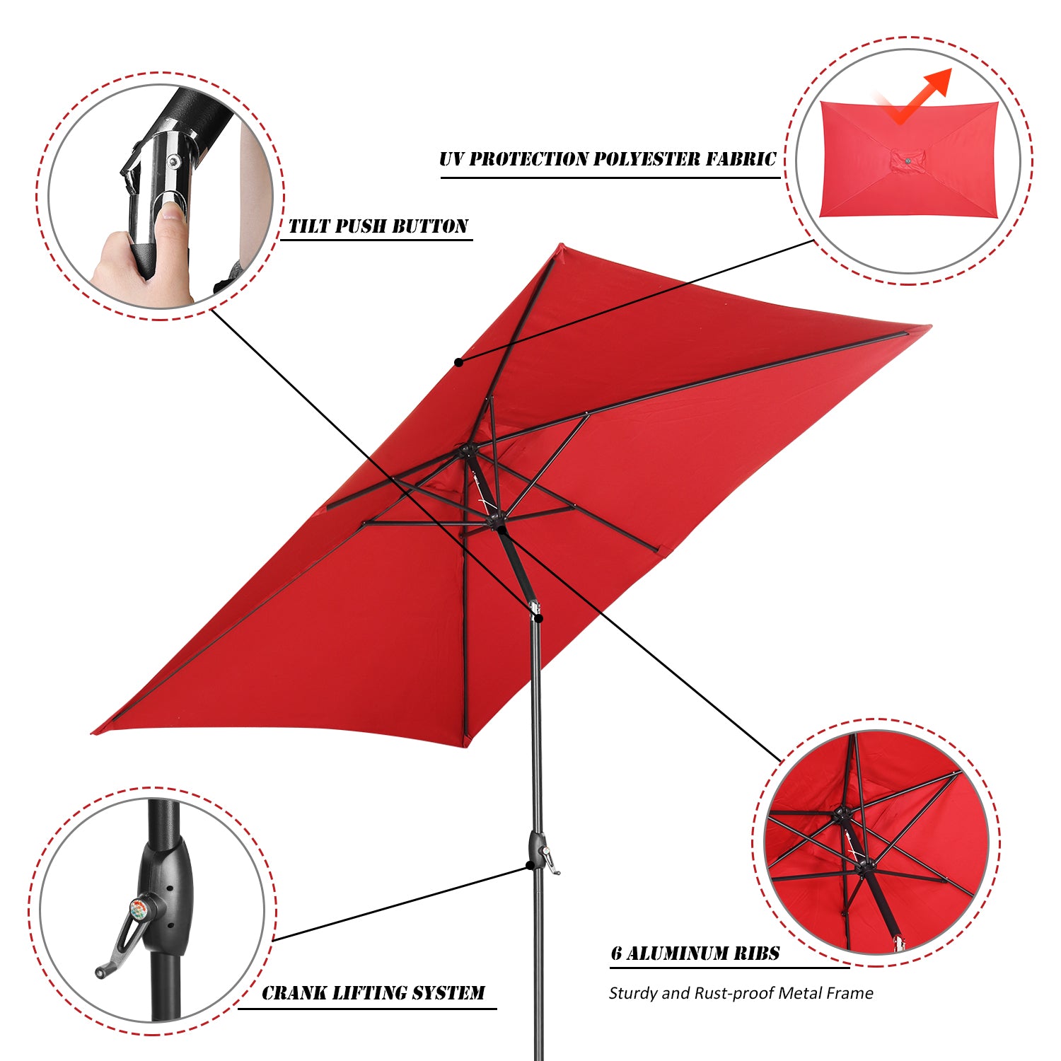 Wesfital 10' Rectangular Patio Lawn Market Umbrella Outdoor Table Umbrellas Market Center Umbrellas with Push Button Tilt for Garden, Lawn & Pool,Red