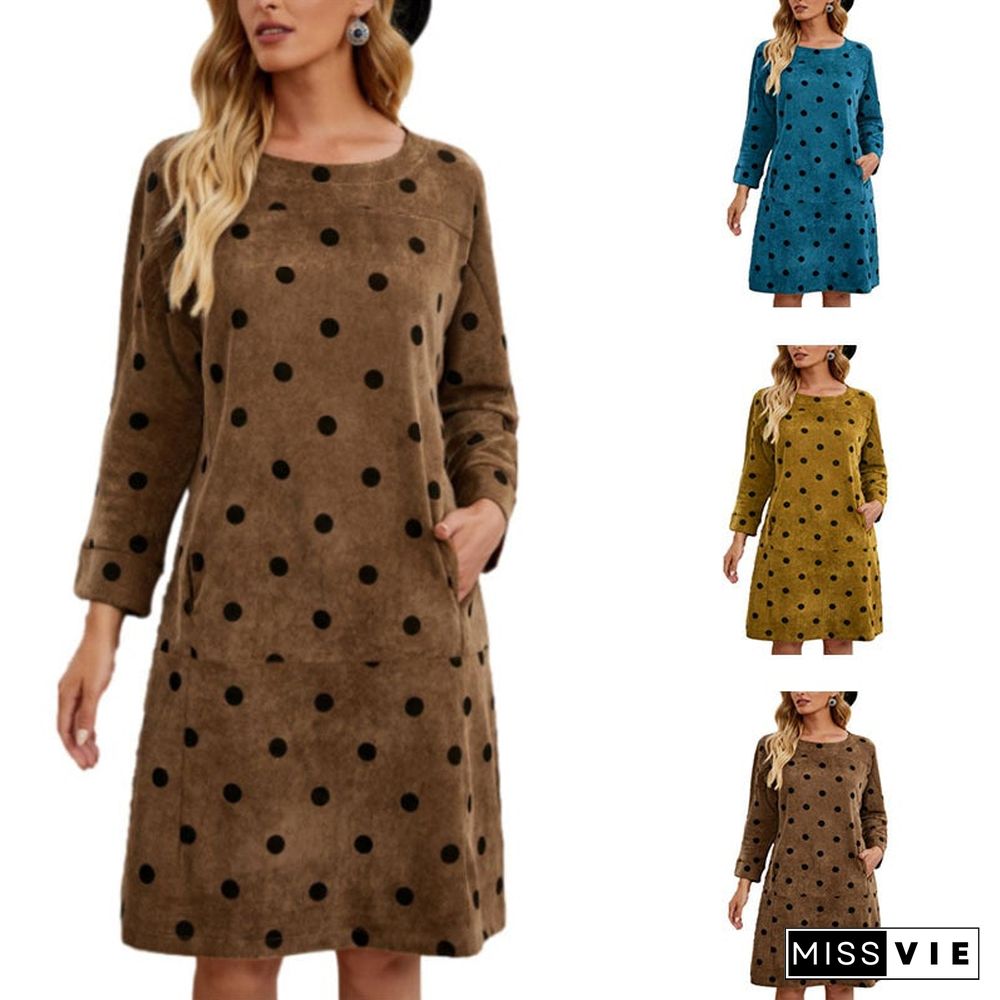 Corduroy Polka Dot Print Pocket Dress