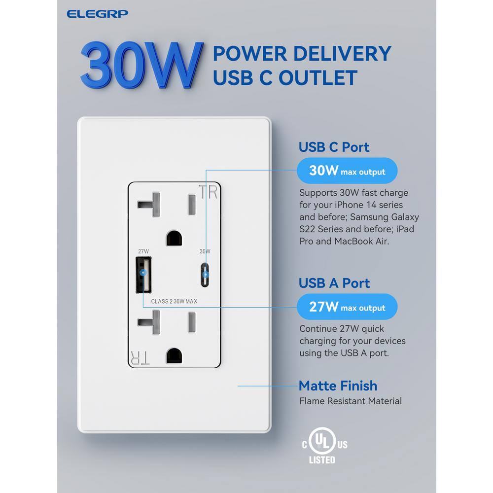 ELEGRP 30-Watt Type A  Type C USB Duplex Wall Outlet for PD and QC 20 Amp Receptacle wWall  Plate (1-Pack White) ER30WAC20-0101