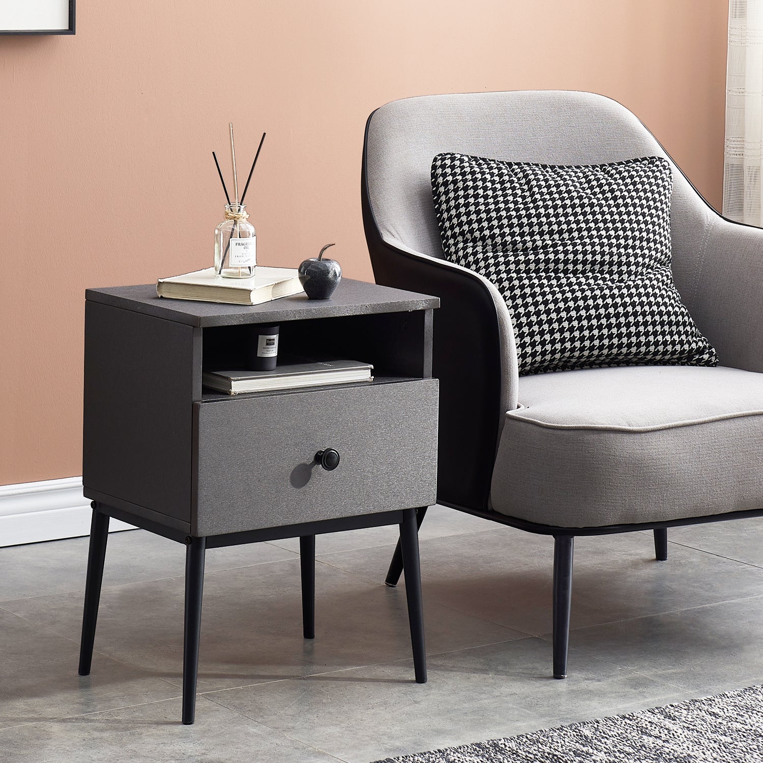 VECELO Mid-Century Nightstand with Drawer, Modern Side End Table with Cubby Space for Bedroom/Living Room/Office, Gray