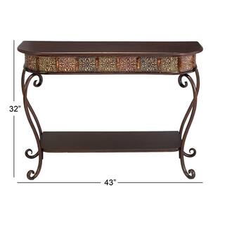 Litton Lane 43 in. Brown Extra Large Rectangle Metal Embossed 1 Shelf Floral Console Table with Ornate Scroll Legs 74362