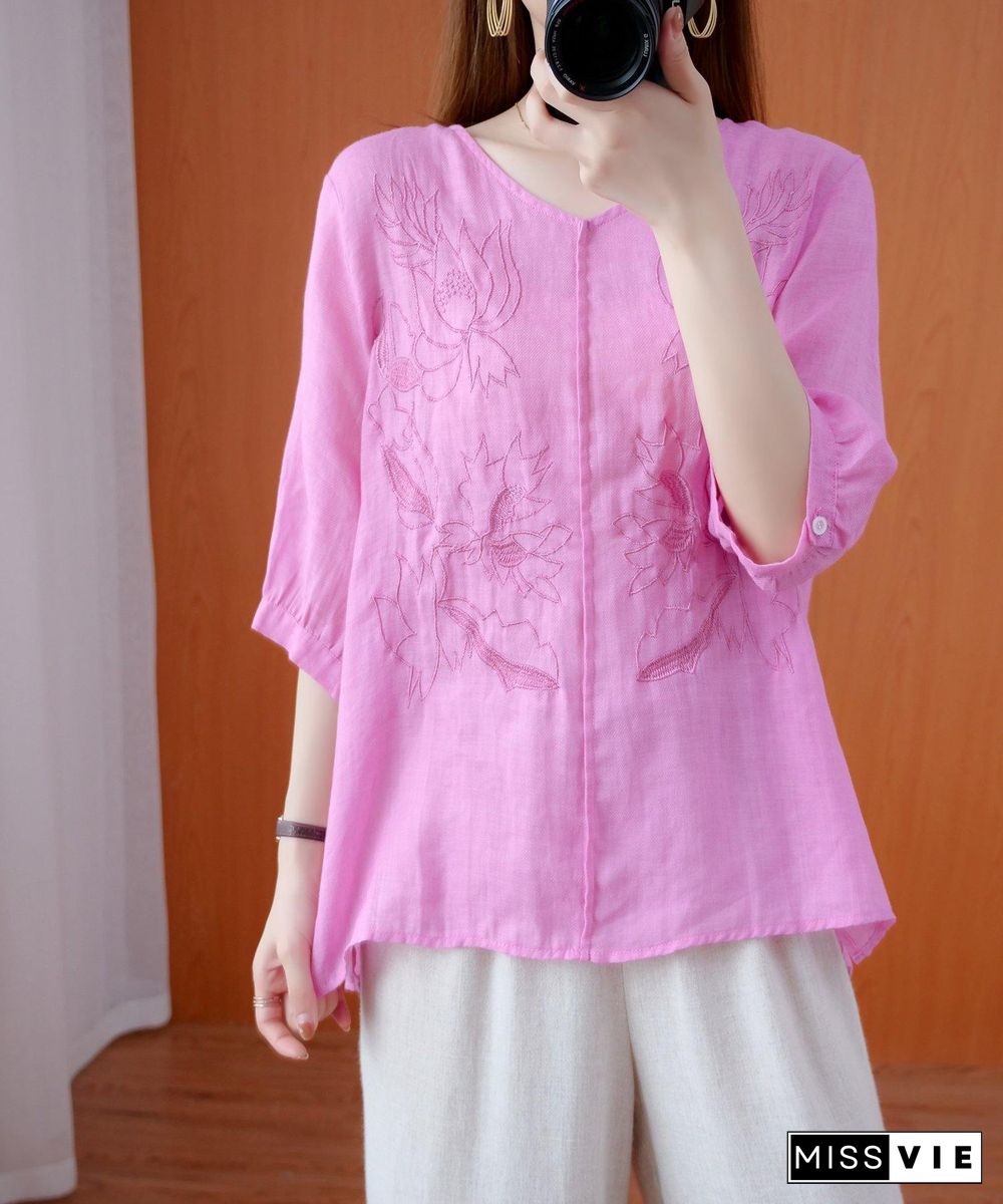 Women pink shirts v neck embroidery oversized summer shirts