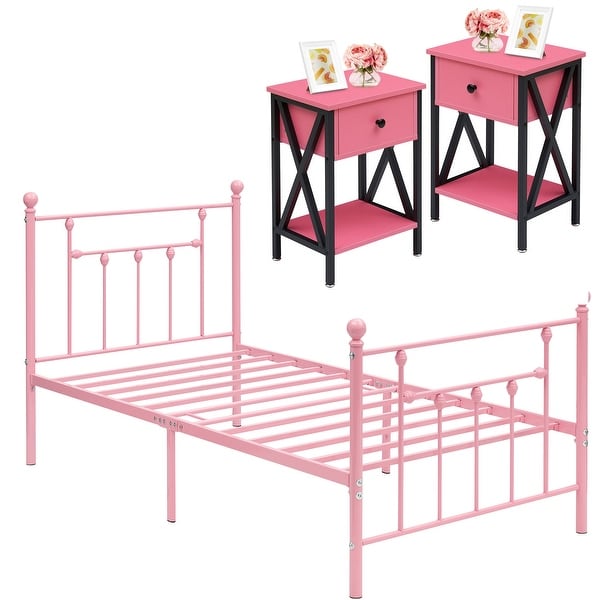 3-pieces Twin Size Bedroom Set Platform Bed and Nightstand Set of 2，Pink - - 36645600