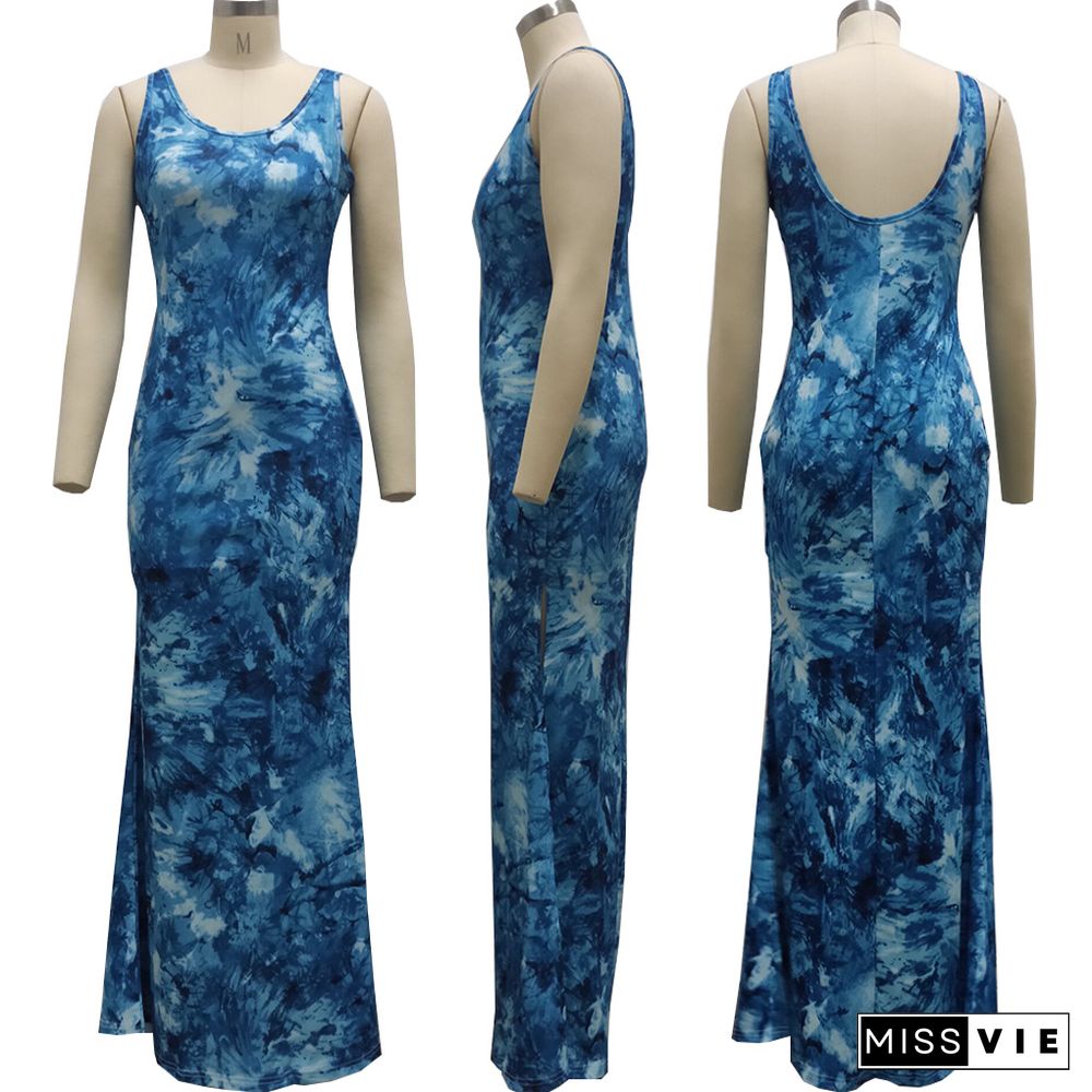 Hot Sales Women Summer New Tie Dye Print Sleeveless Bodycon Classic Beach Holiday Long Dresses