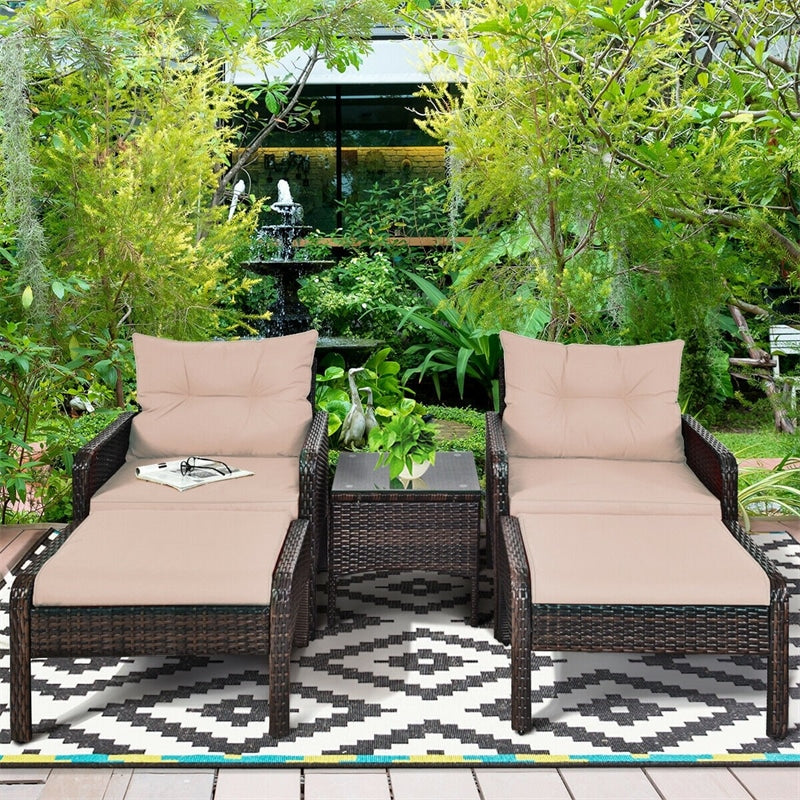 5 Pcs Rattan Patio Conversation Sets with Ottomans & Coffee Table, Wicker Outdoor Bistro Set