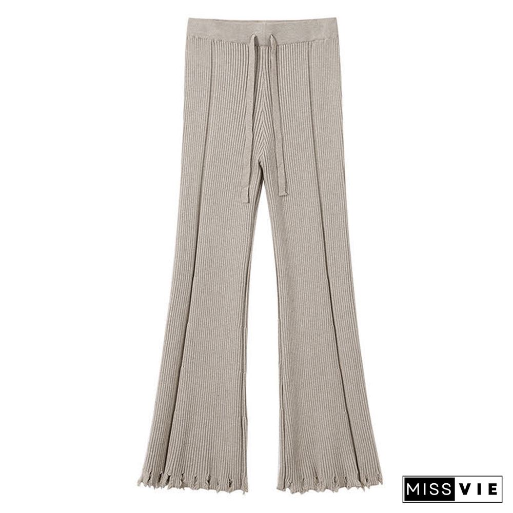 Chic Pure Color Knit Fringed Casual Pants