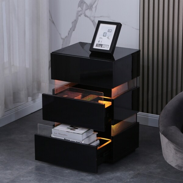 Black High Gloss LED Side Table with 3 Drawer for Bedroom Living Room