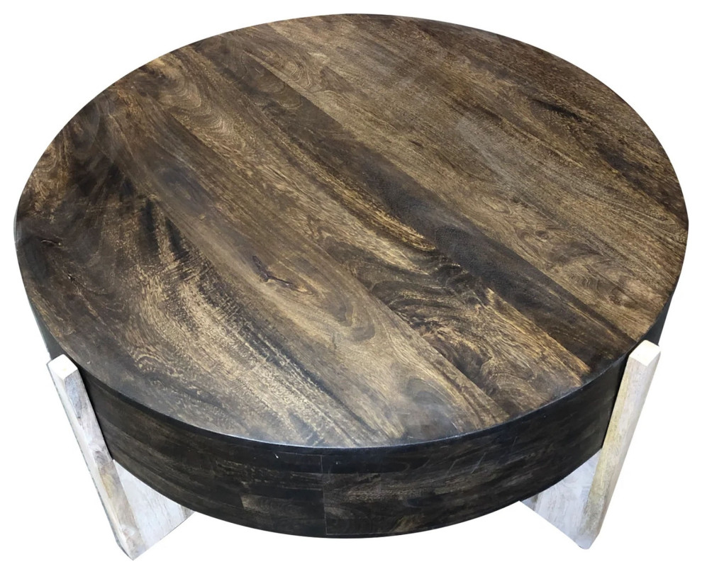 Oza 39 quotRound Coffee Table  Distressed Top  Crossed Base  Rich Brown   Rustic   Coffee Tables   by VirVentures  Houzz