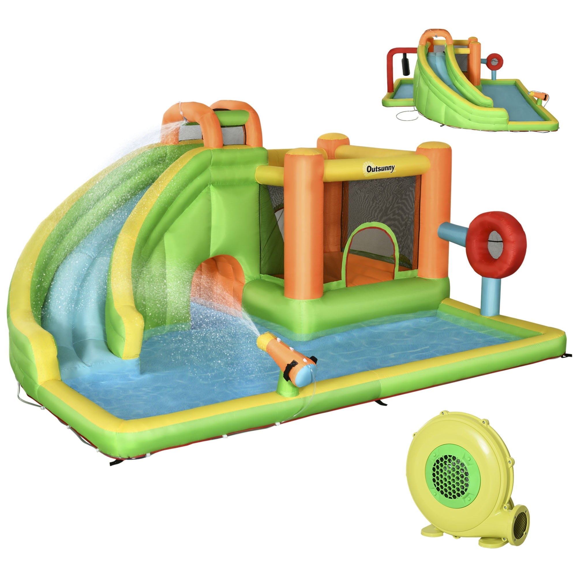 Outsunny 7-in-1 Inflatable Water Slide, Kids Castle Bounce House Includes Slide, trampoline, Pool, Water Cannon, Ball-target, Boxing Post, Tunnel with Carry Bag, Repair Patches, 750W Air Blower