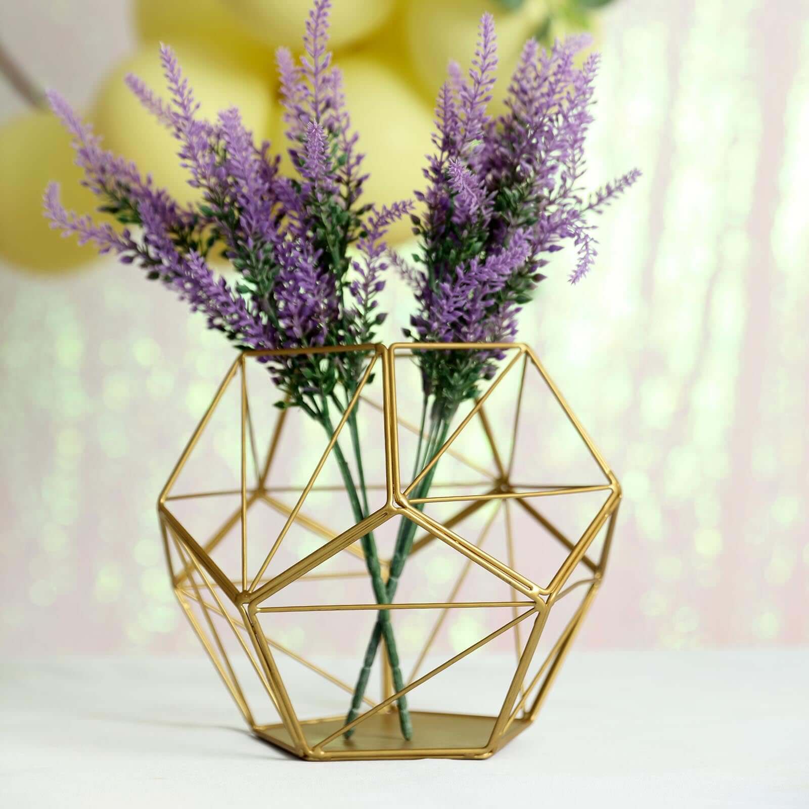 Gold Metal Pentagon Prism Tealight Candle Holder, Open Frame Geometric Flower Stand 7