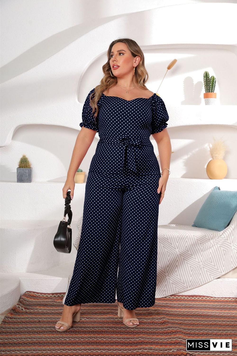 Dot Print Short Sleeve Slash Neck Wide Leg Jumpsuit