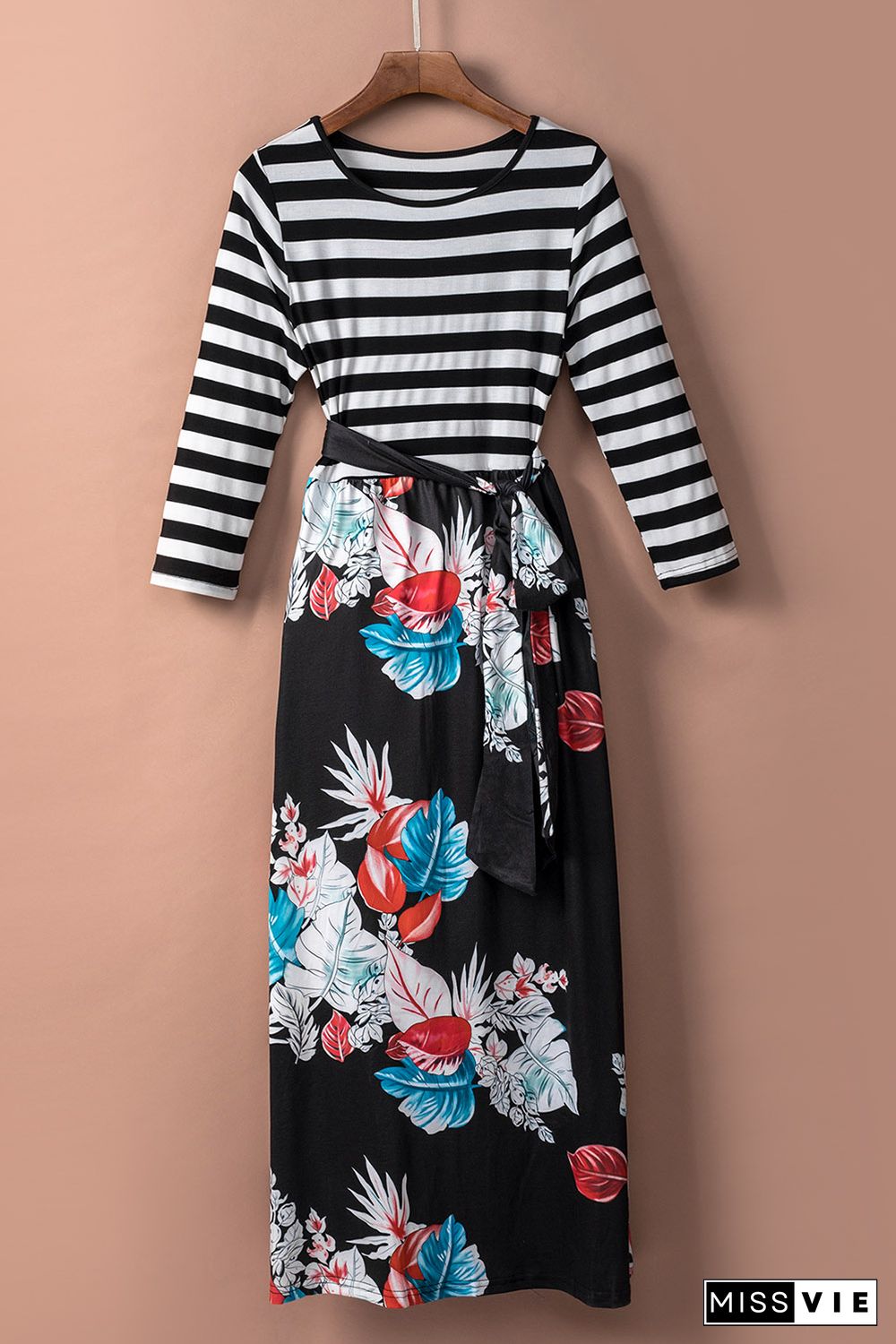 Striped Floral O-Neck Long Dress