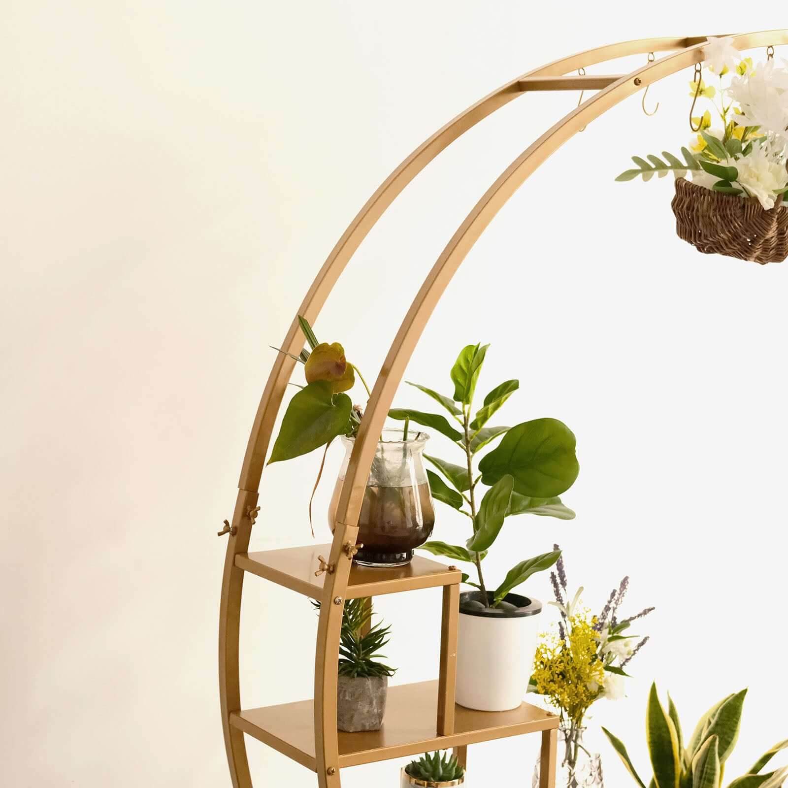 Gold Metal 4-Tier Half Moon Plant Shelf Rack With Hanging Hooks, Cupcake Dessert Display Stand 4.5ft