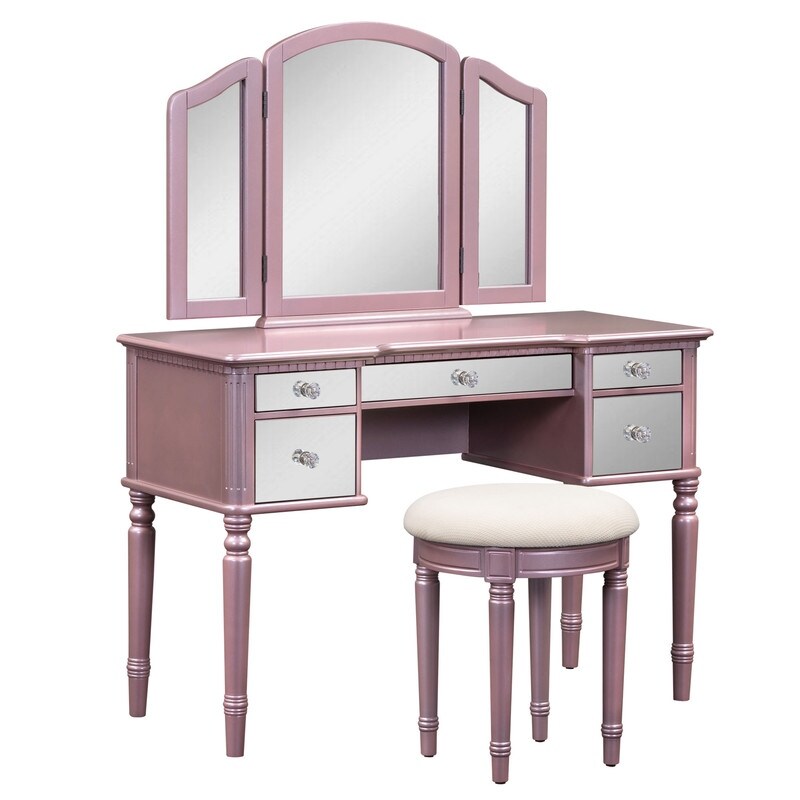 Makeup Vanity Set with Mirrored Drawers and Stool  Tri fold Mirror