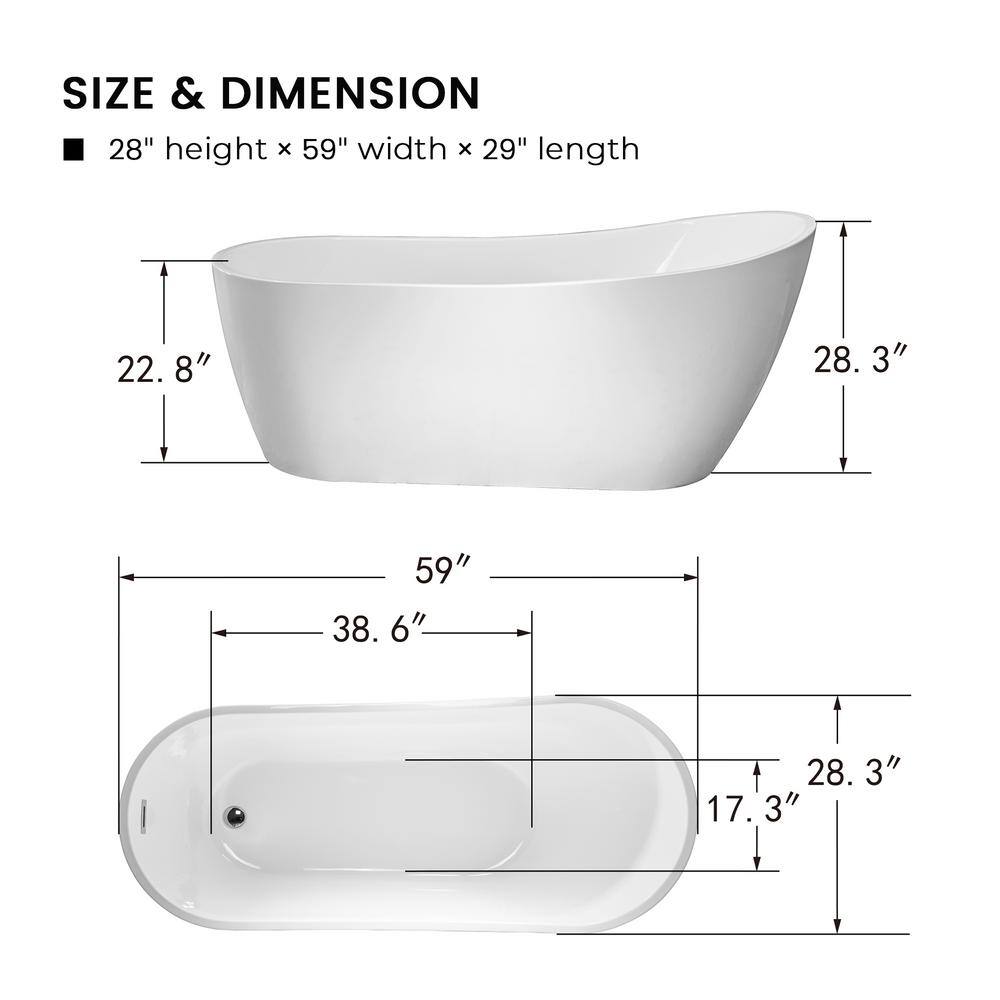 Vanity Art Clermont 59 in. Acrylic Freestanding Flatbottom Bathtub in White VA6904-S