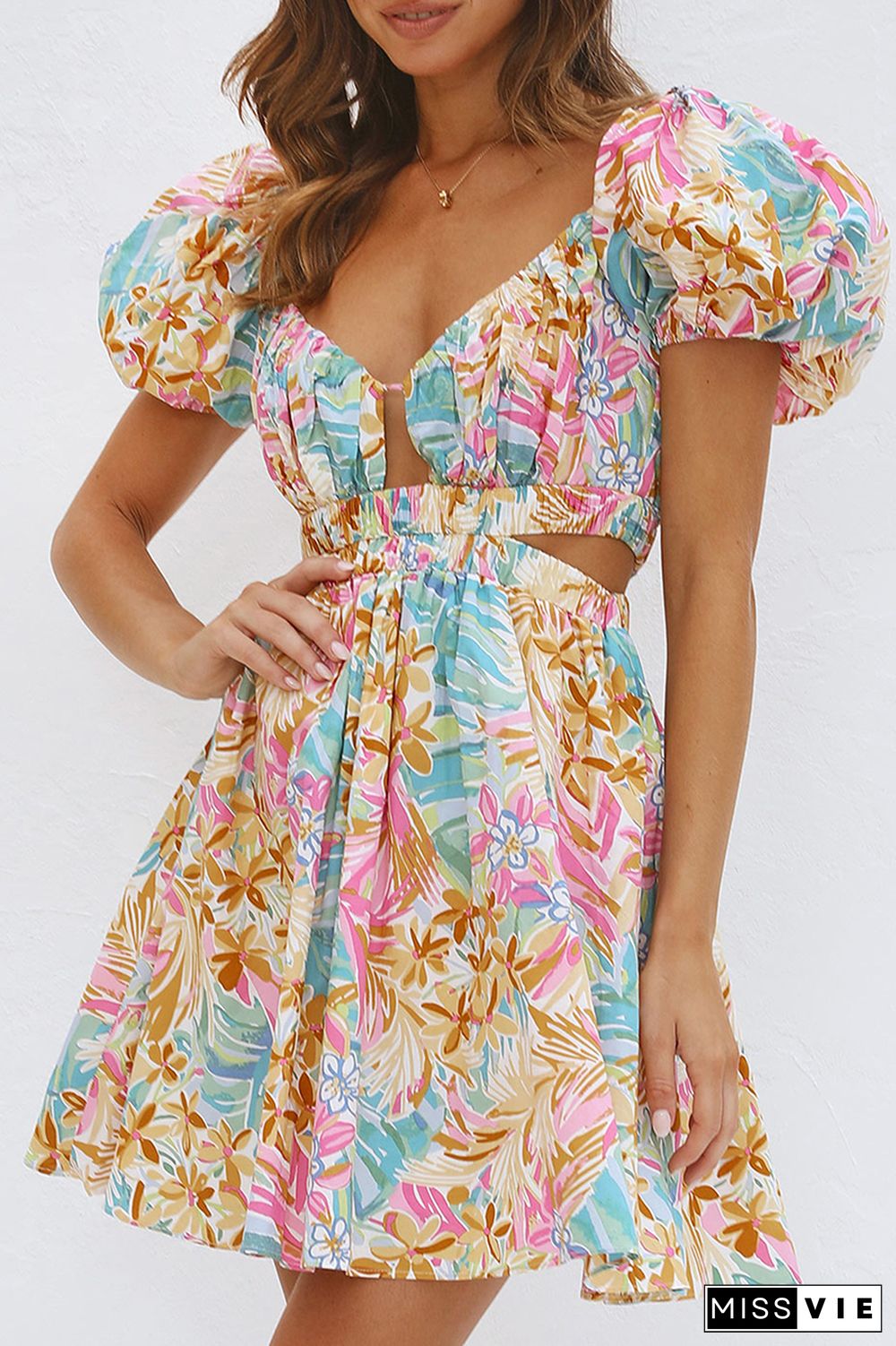 Sexy Print Pierced Flowers V Neck A Line Dresses